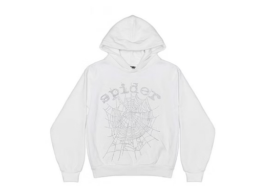 Sp5der OG Rhinestone Logo Hoodie White